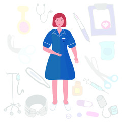 Fototapeta premium Staff Nurse and Nursing kit hand drawn as a template for web, card, poster.
