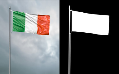 3d illustration of the state flag of the Italian Republic moving in the wind at the flagpole in front of a cloudy sky with its alpha channel