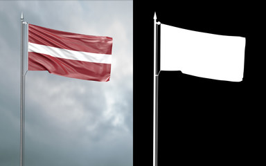 3d illustration of the state flag of the Republic of Latvia moving in the wind at the flagpole in front of a cloudy sky with its alpha channel