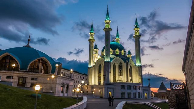 kul sharif mosque in kazan kremlin russia, timelapse, beautiful evening cityscape
