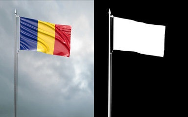 3d illustration of the state flag of Romania moving in the wind at the flagpole in front of a cloudy sky with its alpha channel