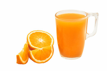 A glass of orange juice with orange slices on a white isolated background