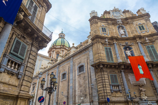 The famous baroque Quattro Canti square in Palermo, Sicily, Italy.