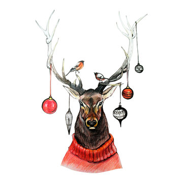Christmas deer, red and white, art
