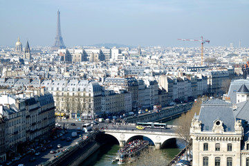 Naklejka premium View over Paris towards Eiffel Tower from Notre Dame