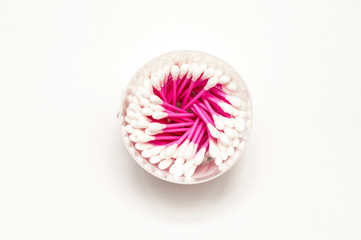Cosmetic cotton buds on a white background. Top view