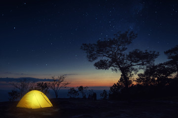 Beautiful Landscape Panoramic Nature View of Illuminated Yellow Camping Tent of Camper in the Forest at the Cliff with Milky Way and Starry Night Sky Background