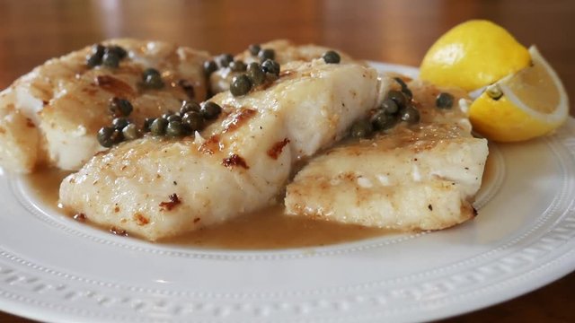 Gourmet haddock dish, close up