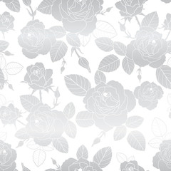 Silver roses vector repeat seamless pattern. Great for spring and summer wallpaper, backgrounds, invitations, packaging design projects. Surface pattern design.