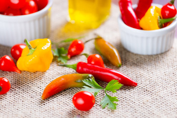 mix of peppers with tomato, garlic and olive oil.
