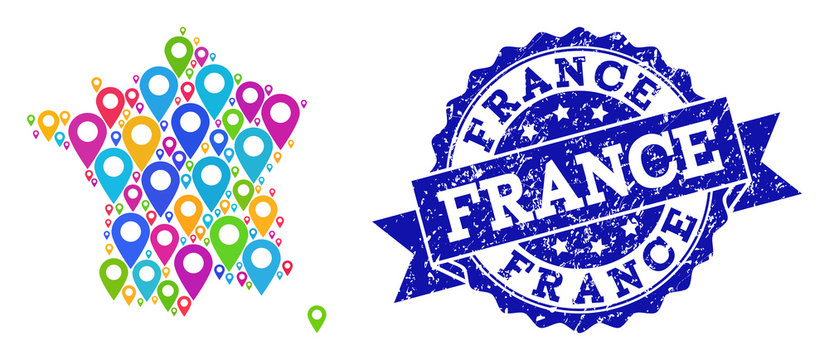 Compositions of bright map of France and grunge stamp seal. Mosaic vector map of France is created with colorful site pins. Abstract design elements for site projects. Blue stamp contains rosette,