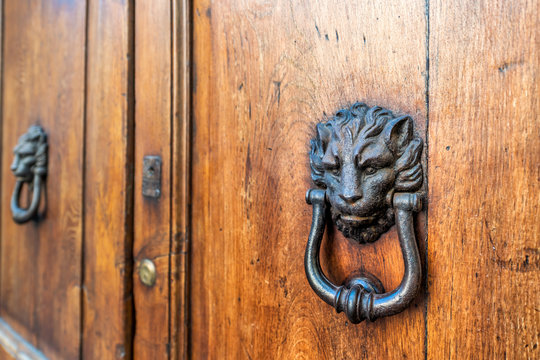 Two door lion head knockers, knobs with handles on wooden, brown door entrance of old, antique, medieval building in Perugia, Italy, Italian city