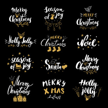 Merry Christmas Calligraphic Letterings Set. Typographic Greetings Design. Calligraphy Lettering for Holiday Greeting. Hand Drawn Lettering Text Vector illustration