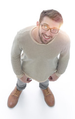 view from above. serious young man looking at camera.