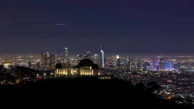 Downtown Los Angeles and Griffith Observatory Clear Night Timelapse