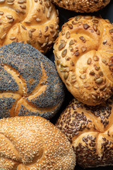 Background of variety bread rolls, close up, top view
