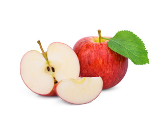 whole and half red gala apple with green leaf isolated on white background