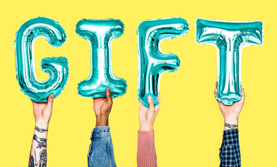 Hands showing gift balloons word
