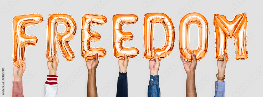 Poster orange alphabet balloons forming the word freedom