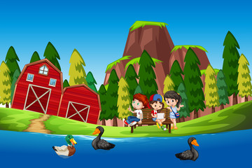 Fototapeta premium Children at the duck pond