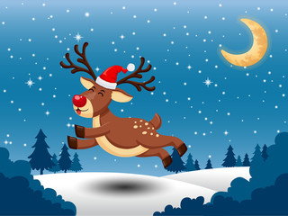 Merry Christmas and happy new year. Vector greeting card with cute little deer a red nose. snow with on the background. decorative element on holiday.