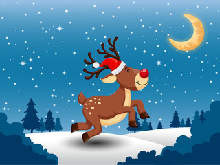 Merry Christmas and happy new year. Vector greeting card with cute little deer a red nose. snow with on the background. decorative element on holiday.