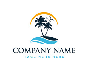 Vector Beautiful Sunset and Sunrise on the Waves of the Beach with palm trees and Flying Birds Sign Symbol Icon Traveling or Holiday Company Logo Template Design Inspiration