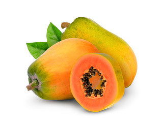 whole and slice of ripe papaya fruit with green leaf isolated on white background