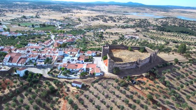 Aerial view of Terena. Castle in Alentejo, Portugal. 4k Drone Video