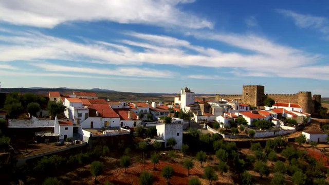 Aerial view of Terena. Castle in Alentejo, Portugal. 4k Drone Video