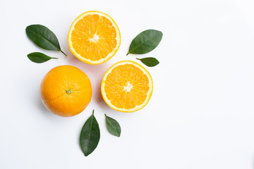 Top view of orange fruits and leaves isolated on white background.