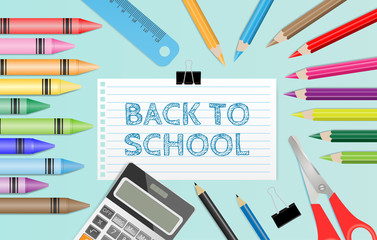 Back to school text on notepaper with school supplies on green background. Vector illustration