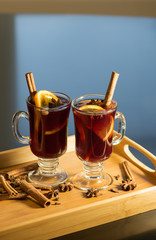 Two mugs of hot mulled red wine