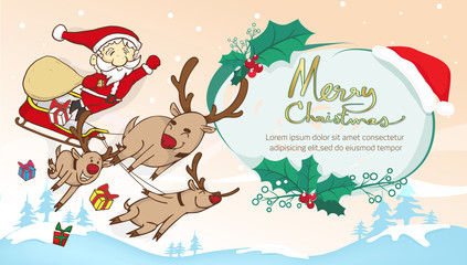 Fototapeta na wymiar santa and reindeer flying and text frame,merry christmas text frame with santa claus design