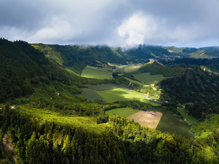 Top view of green fields of San Miguel island, Azores, Portugal.