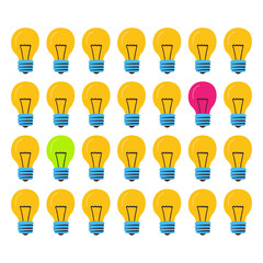 The lamp shines pink and one green. Many lamps of the same size. Cartoon vector. Concept of successful creative ideas.