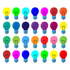 Many lamps of the same size in different colors. Cartoon vector. Concept of successful creative ideas.