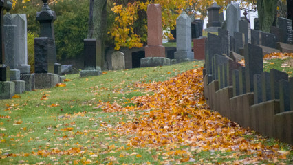 old cemetery in autumn rain, misty, alone, isolated, no people, sad, peaceful.