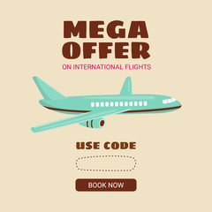 Cheap flights. Flight concept. Offer flights. Inscription - mega offer. Vector cartoon.