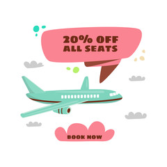 Cheap flights. Flight concept. Offer flights. Inscription - 20 off all seats. Vector cartoon.