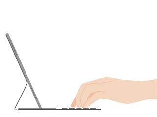 Hand typing on new powerful tablet new design advance technology with high resolution display, liquid retina display, business device, tablet, screen, future technology, flat vector.