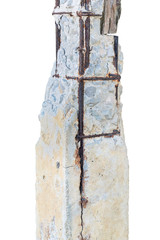 Disintegrated old concrete pillar with damaged and rusty steel frame isolated on white