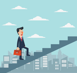 Fototapeta premium Businessman going up the stairs over the city. Career vector concept