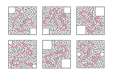 A set of square mazes. Game for kids. Puzzle for children. One entrances, one exit. Labyrinth conundrum. Flat vector illustration isolated on white background. With answer. With place for your image.