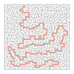 Difficult square maze. Game for kids. Puzzle for children and adult. One entrance, one exit. Labyrinth conundrum. Flat vector illustration isolated on white background. With answer.