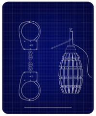3d model of grenades and handcuffs on a blue