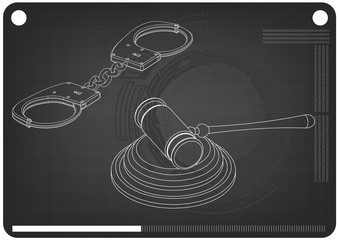 3d model of handcuffs and judge's gavel on a black