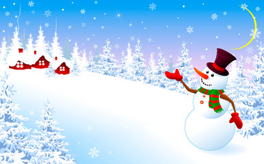 Snowman on a winter background, greeting card