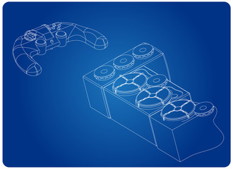 3d model of speaker system and joystick on a blue