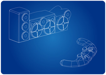 3d model of speaker system and joystick on a blue